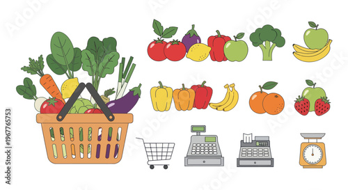 Healthy Groceries & Shopping Icons: Fruits, Vegetables, Basket, Cash Register, Cart