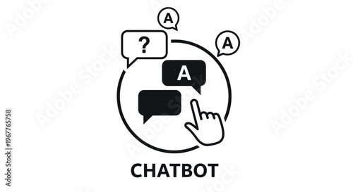 Chatbot icon with question and answer bubbles, hand pointing to message