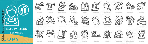 Beauty Salon Services icon set. Beauty Salon Services, Hair Styling Session, Professional Makeup Application, Bridal Makeup Service, Nail Art Design and Hair Coloring Treatment