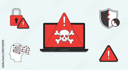 Cybersecurity threats and digital danger concept with skull and crossbones on laptop screen