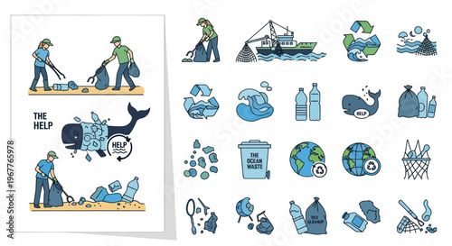 Ocean Pollution Cleanup: People collecting trash, recycling, and saving marine life