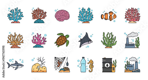 Marine Life and Pollution Icons: Coral, Fish, Turtle, Shark, Factory, Plastic