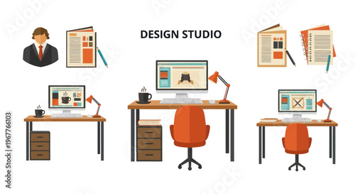 Modern Graphic Design Studio Workspace with Computers and Office Supplies