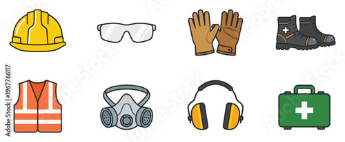 Collection of essential personal protective equipment and safety gear icons on white background