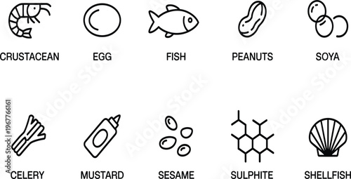 Food allergen and sensitivity icon set, vector black line art symbols including crustacean, peanuts, soya, mustard, and shellfish, isolated on white background