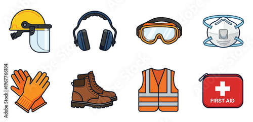 Essential construction safety equipment collection: hard hat, ear defenders, goggles, mask, gloves, boots, vest, kit