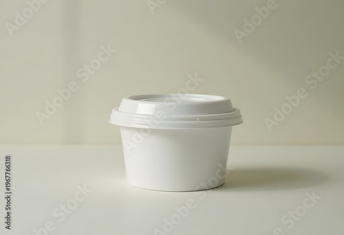 Clean isolated photo of a small white plastic container with lid. Versatile minimalist packaging for food, sauces, samples, product mockups, and presentations