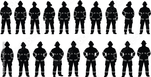 Firefighter silhouette vector set, black and gray firefighter figures collection, emergency rescue worker icons, fireman team illustrations, safety uniform poses