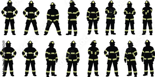 Firefighter vector silhouettes, safety professional poses, firefighter uniform with helmet, rescue worker illustration set, black and yellow emergency service vector