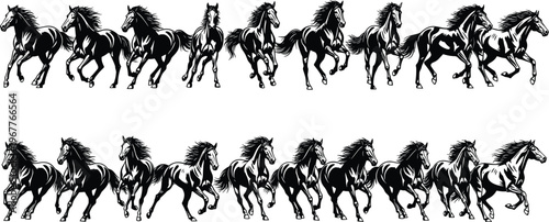 Galloping horse silhouette vector set, wild mustang animal illustration, running stallion motion poses, black graphic clipart for equine design elements