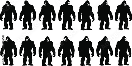 Gorilla silhouette vector set, wild animal figures, strong primate illustrations, wildlife icons, black ape shapes, jungle wildlife designs, powerful gorilla poses