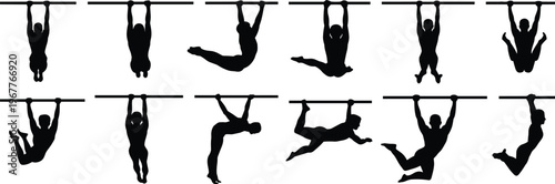 Gymnast silhouette set, horizontal bar poses, black vector icons, hanging calisthenic movements, isolated clipart for fitness, flexibility, strength, training, motion