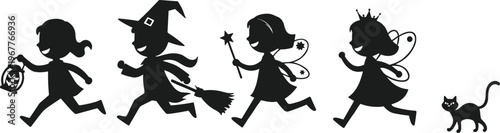 Halloween children silhouettes, witch costume, fairy princess, magic wand, trick or treating, running kids, spooky night, cartoon black cat