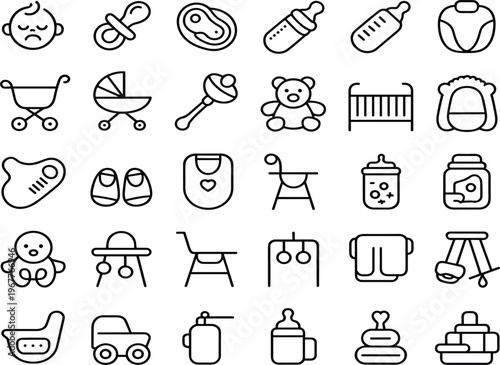 Baby care and nursery line icon set, vector black outline symbols including stroller, pacifier, baby bottle, and toys, isolated on white background