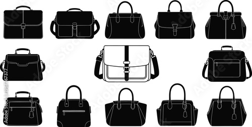 Handbag silhouette collection, fashion accessory icons, black vector purses, stylish bag shapes, modern tote designs, isolated clipart for branding, merchandising, packaging