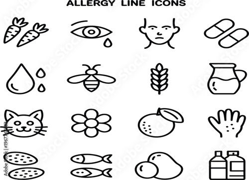 Allergy triggers and symptoms line icon set, vector black outline symbols including peanuts, pollen, pets, and medical treatment, isolated on white background