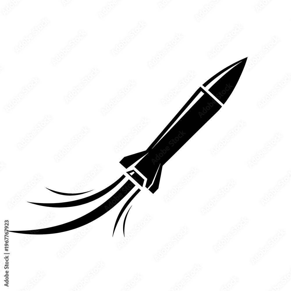 Obraz premium Dynamic black silhouette of a rocket launching with speed and power, leaving stylish exhaust trails. Ideal for space, technology, startup, or success concepts.