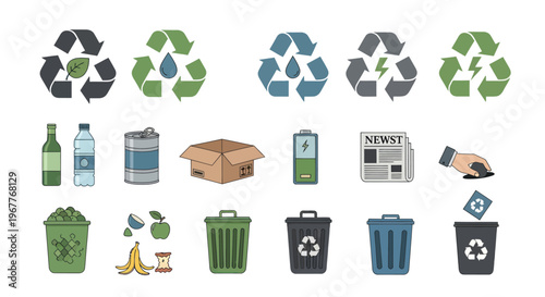 Recycling Symbols and Waste Bins Icons - Eco-Friendly Waste Management Collection