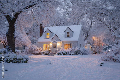 Cozy suburban house covered in fresh snow with glowing warm lights inside surrounded by snow laden trees and bushes creating peaceful winter evening scene