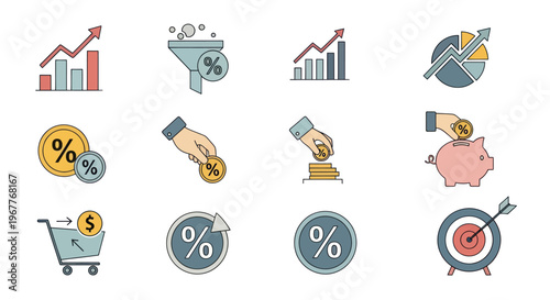 Financial Growth and Investment Icons: Charts, Piggy Bank, Shopping Cart, Target