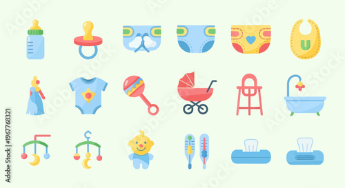 Baby Care Essentials Flat Icons: Bottle, Diapers, Stroller, Bib, Rattle, Bath Set