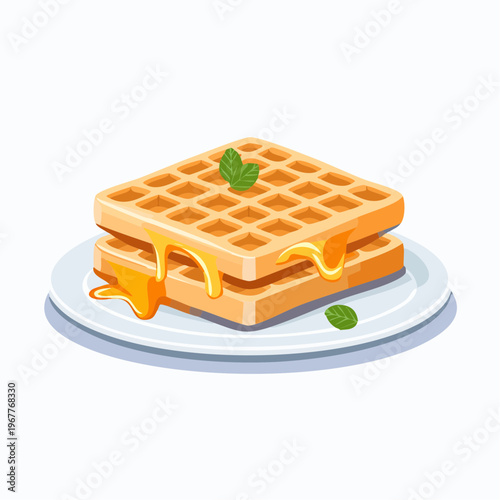 Delicious golden waffles stacked, generously drizzled with sweet honey, garnished with a fresh mint leaf, on a white plate, perfect for a delightful breakfast or dessert treat