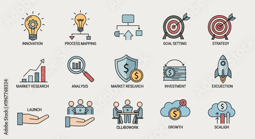 Business Icons: Innovation, Strategy, Growth, Finance, Teamwork, Launch, Rocket
