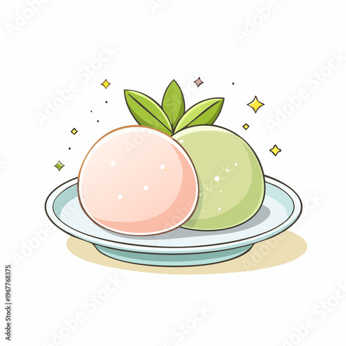 A charming illustration of two delightful, soft Japanese rice cakes, one pink and one green, elegantly served on a plate with fresh green leaves, sparkling with sweet appeal