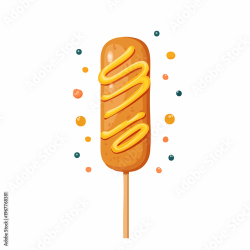 A delicious corn dog with yellow mustard, a popular American street food snack on a stick, perfect for casual dining and quick bites