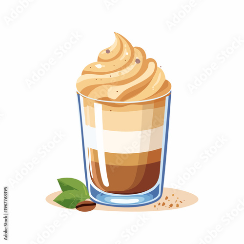 Delicious layered coffee beverage in a clear glass, beautifully topped with frothy whipped cream. An inviting illustration showcasing rich, creamy texture and refreshing appeal