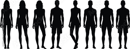 Collection of black human male and female silhouettes standing against white background
