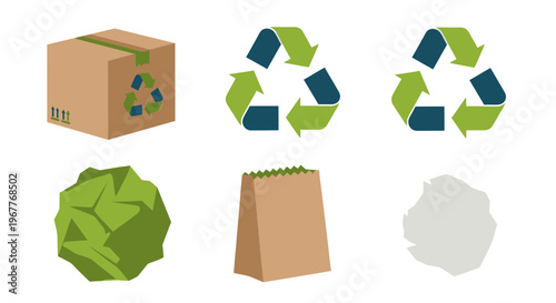 Recycling symbols and eco-friendly packaging icons on white background