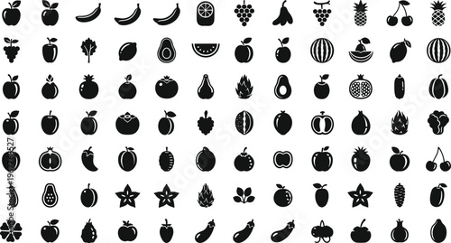 Collection of black fruit and vegetable icons on a white background vector