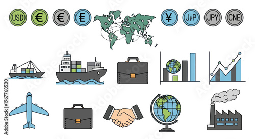 Global Business and Finance Icons: Currency, Trade, Shipping, Airplane, Factory, Globe