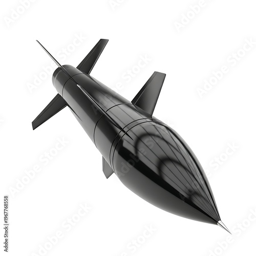 A striking 3D render of a sleek, glossy black missile or rocket, complete with stabilizing fins, isolated on a crisp white background, symbolizing military technology and power.