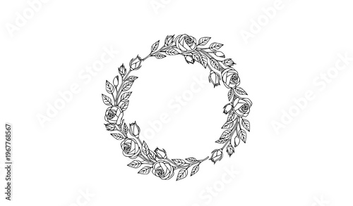 Minimal rose wreath line art flowers buds botanical circle vector design