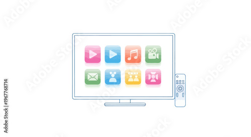 Smart TV with app icons and remote control on white background