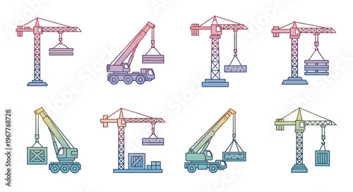 Construction Crane Icons Set: Diverse Lifting Machines for Industry and Logistics