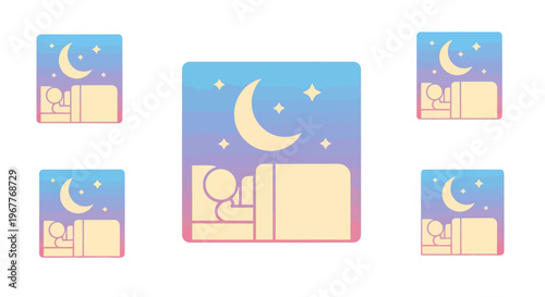 Dreamy Night Sleep Icons: Person Sleeping Under Moon and Stars