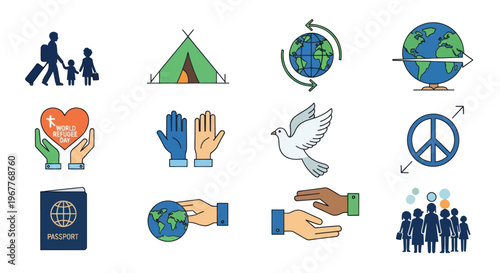World Peace Day Icons: Dove, Earth, Hands, Family, Passport, Tent, Peace Sign