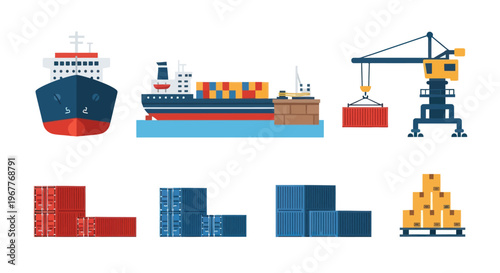 Cargo Ships, Containers, and Crane - Shipping and Logistics Vector Icons Set
