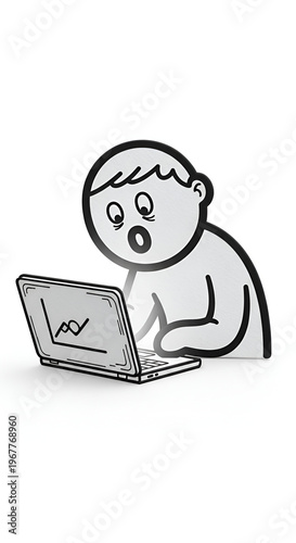 Surprised cartoon boy looks at laptop screen with shocked expression in black and white
