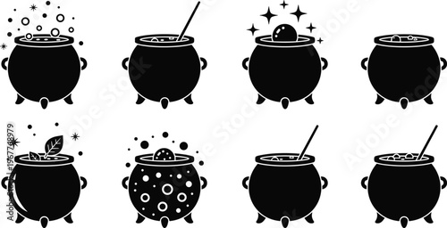 Collection of eight black cauldron icons with various magical elements witch potion
