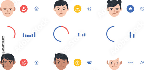 User emotion avatar vector set with facial expressions, mood indicators, reaction icons and sentiment analysis elements for behavior tracking illustration