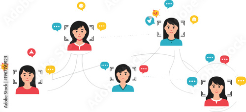 Social emotion network vector with user avatars, facial recognition frames, chat messages, sentiment interaction and digital communication connections illustration