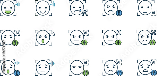 AI emotion detection icon set vector with facial expressions, sentiment analysis symbols, mood recognition faces and machine learning UI elements collection