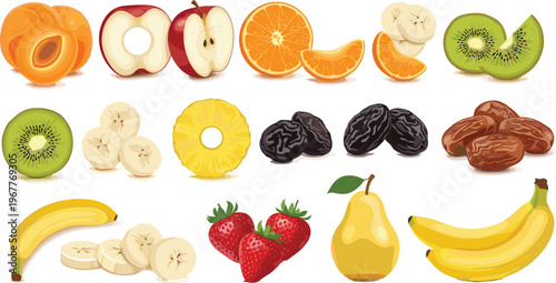 Assorted Fruits Vector Illustration Set Featuring Fresh and Dried Fruits Including Apricot, Apple, Orange, Banana, Pear, Kiwi, Strawberries, and Dates for Healthy Food and Graphic Design Projects