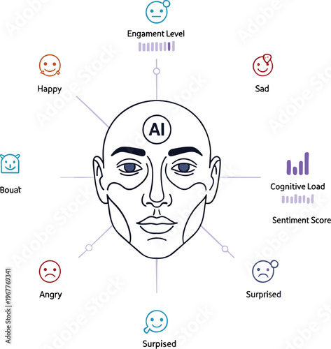 AI emotion recognition vector with facial analysis, sentiment detection, engagement metrics, cognitive load indicators and user behavior monitoring illustration