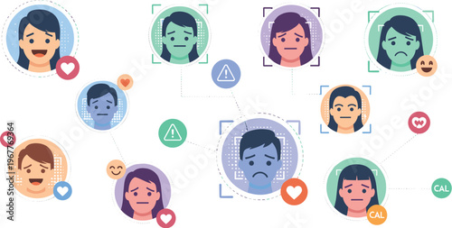 Social emotion network vector with user avatars, mood expressions, mental health icons, communication connections and digital community interaction illustration