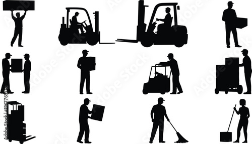 silhouette, workers, warehouse, forklift, delivery, boxes, logistics, loading, transport, cargo, equipment, labor, industry, service, manual, job, activity, moving, people, working